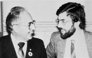 Ruairí Ó Brádaigh and Gerry Adams, solidarity conference London 1983.  Adams ousted Ó Brádaigh in the Provos' leadership.  Ó Brádaigh was twice chief of staff of the IRA between 1958 and 1962, president of Provisional Sinn Fein from 1970 to 1983 and of Republican Sinn Fein from 1987 to 2009,