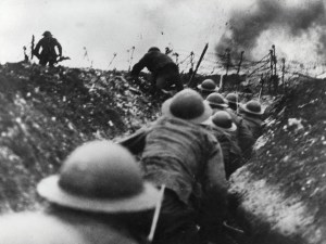 British soldiers move up through a trench at the Somme battle, Northern France, to begin attack, WWI