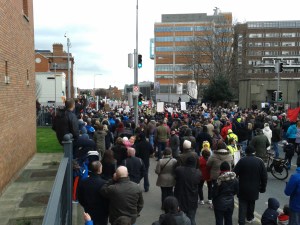 Crowd outside Mountjoy.  some have left and many are still further down the north Circular Road