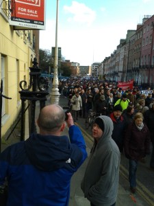 Parnell Square West from Granby Place.  The front of the march has turned into Dorset Street and is marching there but the end has yet to come around the corner into the square from Parnell Street