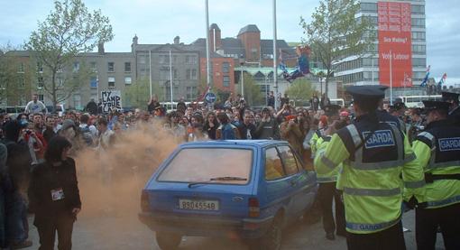In the background to this photograph of a Reclaim the Streets demonstration in 2002 is Liberty Hall, draped in a hug "Vote Labour" banner. SIPTU has maintained that position through a number of coalition governments in which Labour has participated and that have attacked the living standards and rights of workers.