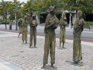 The Great Hunger memorial on Dublin's Custom House Quay. The Great Hunger and its immediate aftermath initiated mass Irish emigration.