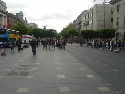 Three lines of protesters in front of GPO, Dublin's O'Connell Street  (view wesward), seeking freeing of Steven Bennet