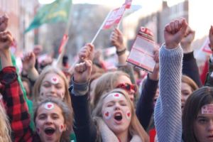 Small section of crowd in large "Dearg le Fearg" (Red with Rage) demonstration March 2014 about lack of support for the irish language.