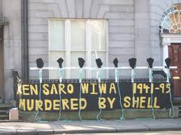 Protest at Shell HQ in Leeson St, Dublin in solidarity with Ogoni people in Nigeria and people at Rossport.  The Nigerian Government, to protect Shell's profits although the company was causing great environmental damage, hanged the nine leaders of the  peaceful environmental movement 