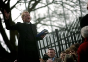 Dr David Latimer, First Derry Presbyterian Church, conducts a redediication ceremony on Derry's Walls. Photo: Stephen Laitmer