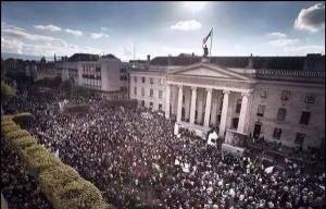 An aerial view down towards the rally after the march at GPO/ O'Connell St