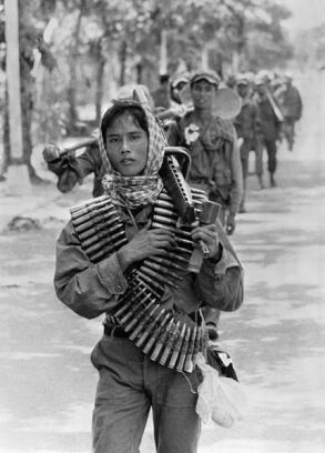 The young Khmer Rouge guerrilla soldiers enter17 April 1975 Phnom Penh, the day Cambodia fell under the control of the Communist Khmer Rouge forces. 