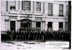 "Ireland" is named in a banner of the Irish Transport & General Workers' Union in October 1914, with the Irish Citizen Army parading outside.