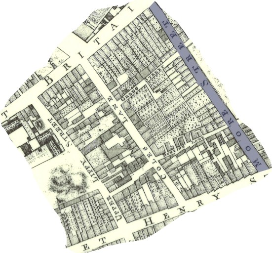 The streets and lanes of the old street market quarter now buried under the ILAC (Image cropped by Save Moor Street From Demolition from J Roques Map 1754, sourced on Internet)