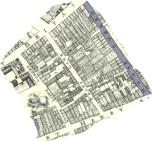The streets and lanes of the old street market quarter now buried under the ILAC (Image cropped by Save Moor Street From Demolition from J Roques Map 1754, sourced on Internet)