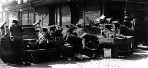 British barricade at junction of Parnell Street and Moore Street, Easter week, 1916