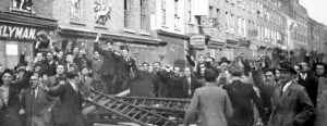 Barricade against a Blackshirt march at Cable Street, East London, 1936. The attack was spearheaded by the police but the antifascists were successful. 