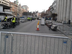 Some of the physical security measures -- view southwards along O'Connell St. from the Spire