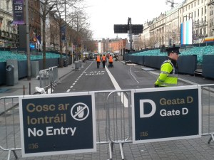 Some of the physical security measures -- view north along O'Connell St. from the Spire