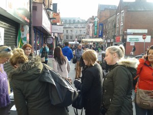 December 2014, crowd signing the petition in Moore Street, Brónagh at the table
