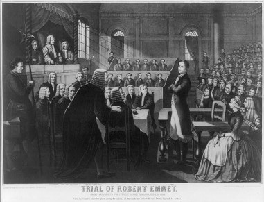 Drawing depicting the trial of Robert Emmet in Green Street Courthouse, Dublin
