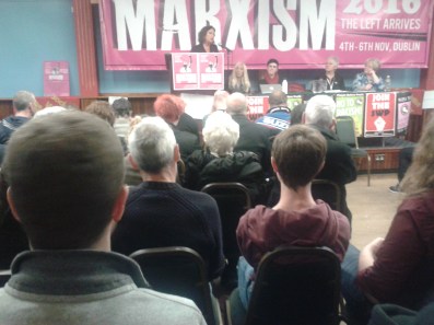 Brid Smith of the SWP (also SWP/AAA) addressing When Governments Lie public meeting at Marxism 2016 weekend (Photo D.Breatnach)