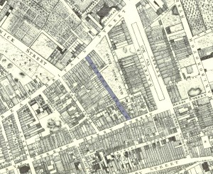Roques map of the Moore Street quarter showing the streets lost under the present ILAC (source: Internet)